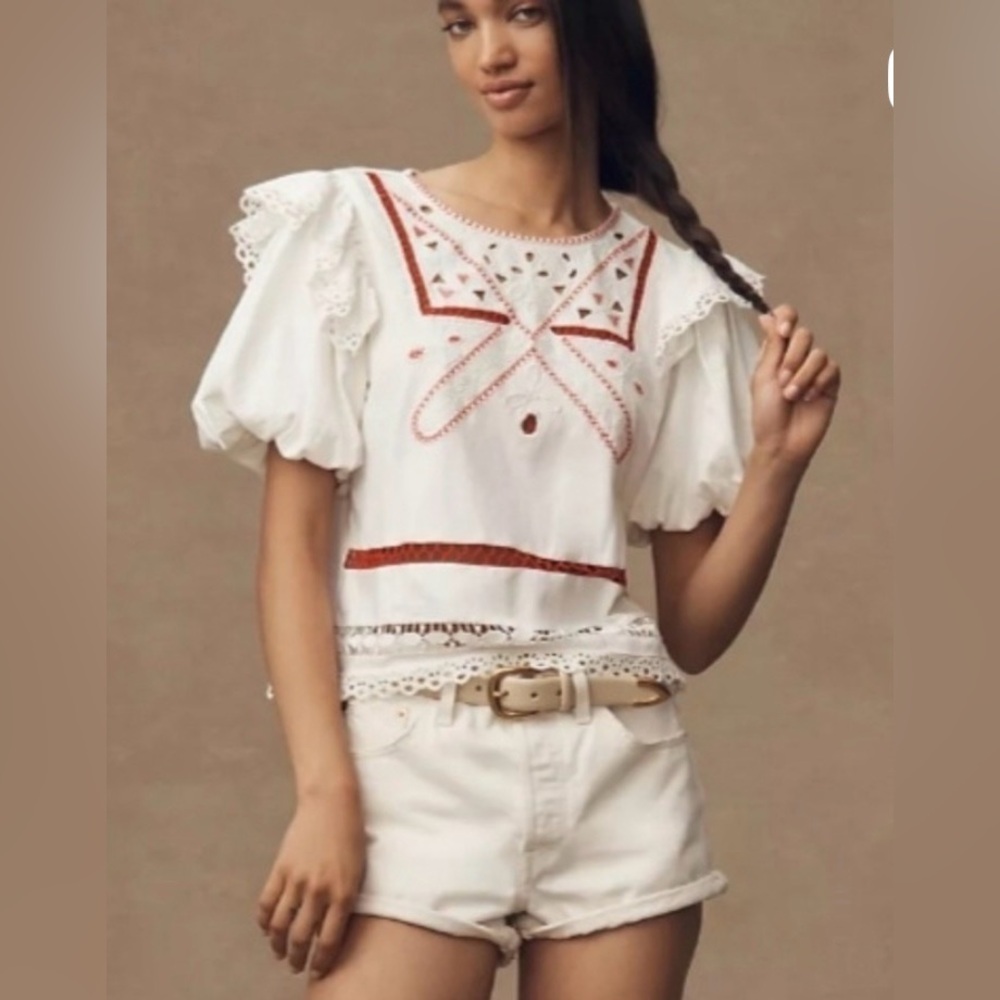 NWT By Anthropologie Puff Sleeve Cutwork Top with red embroidery Sz XL